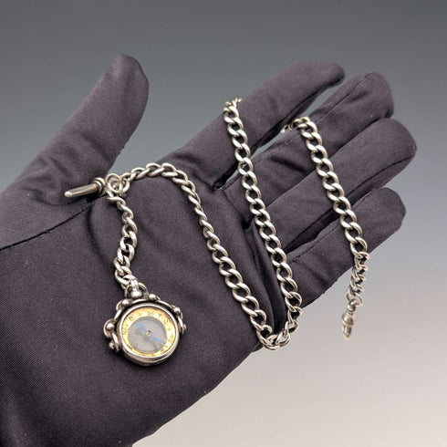 1900年頃 英国アンティーク 純銀製アルバートチェーン 37g 純銀コンパスフォブ