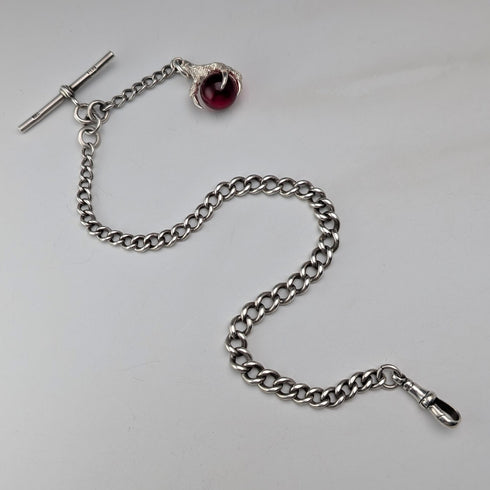 1900年頃 英国アンティーク 純銀製アルバートチェーン 28g クロウ&ボウルフォブ