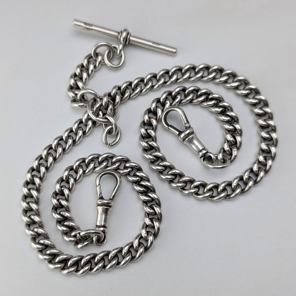 Circa 1914 British antique sterling silver double Albert chain, 53g, no fob