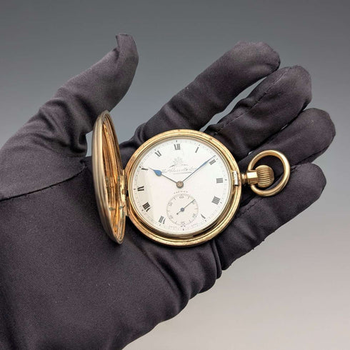 1920s British antique Russell pocket watch, gold plated hunter case, in good working order