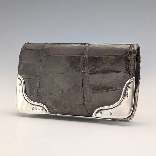 1903 British antique sterling silver decorated small leather wallet with coin purse