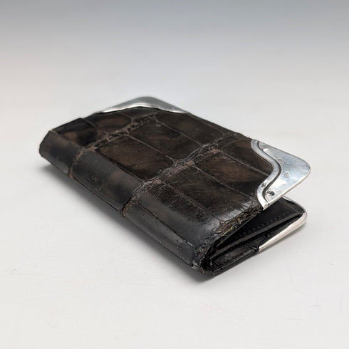 1903年 英国アンティーク 純銀装飾 小型革財布 小銭入れ