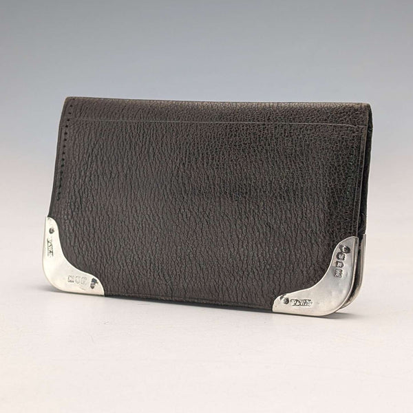 1902 British antique sterling silver decorated small leather wallet ticket case