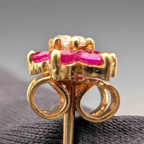 古董 K18 金耳環鑽石和紅寶石花朵