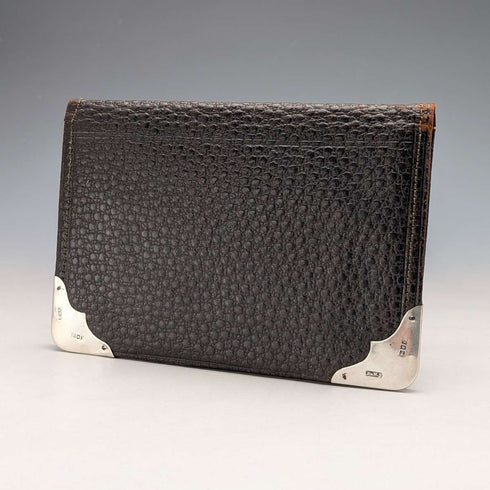 1902 British antique sterling silver decorated leather bi-fold wallet PWS