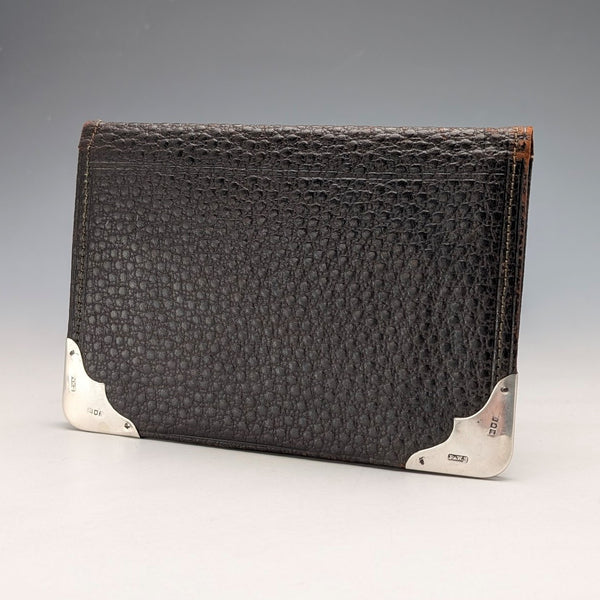 1902 British antique sterling silver decorated leather bi-fold wallet PWS