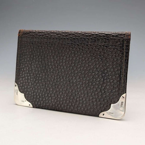 1902 British antique sterling silver decorated leather bi-fold wallet PWS