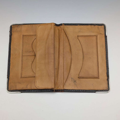 1902 British antique sterling silver decorated leather bi-fold wallet PWS