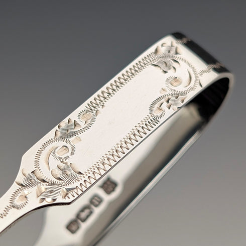 1905 British antique sterling silver tea caddy spoon and tongs, James Deakin & Sons, in case