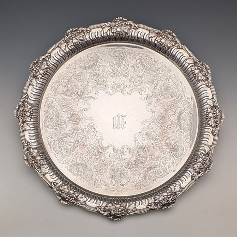 Vintage British silver plated round leg Salva, diameter 36cm