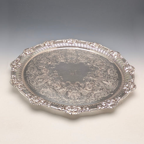 Vintage British silver plated round leg Salva, diameter 36cm