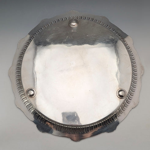 Vintage British silver plated round leg Salva, diameter 36cm