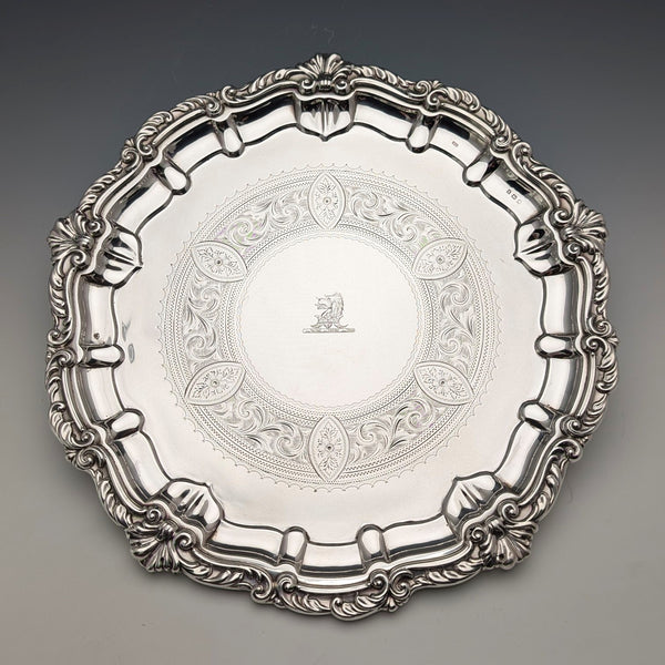 1908 British antique sterling silver salver, diameter 30cm, 624g, William Devenport
