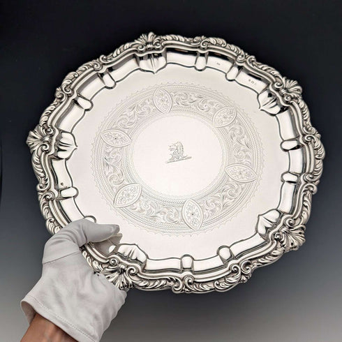 1908年 英国アンティーク 純銀製サルヴァ 直径30cm 624g William Devenport