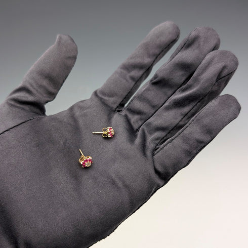 古董 K18 金耳環鑽石和紅寶石花朵