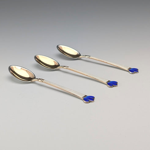 Nordic vintage enamel decorated sterling silver coffee spoons set of 3, total 28g