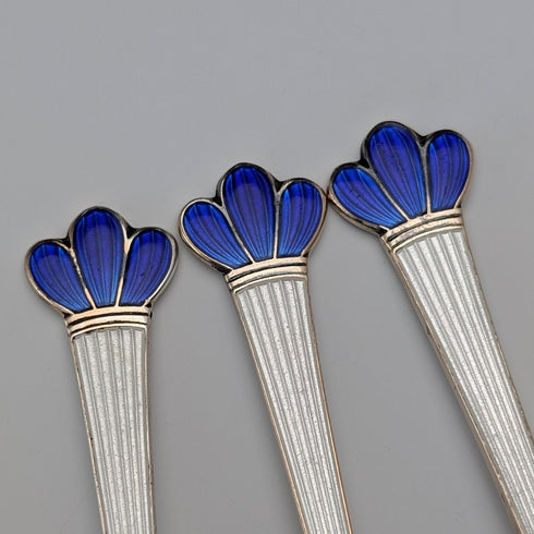 Nordic vintage enamel decorated sterling silver coffee spoons set of 3, total 28g