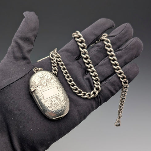 1900年頃 英国アンティーク 純銀製アルバートチェーン 75g 純銀製ヴェスタケース付