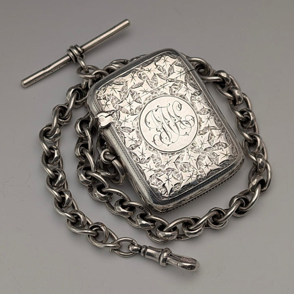 Circa 1900 British antique sterling silver Albert chain, 80g, with sterling silver Vesta case