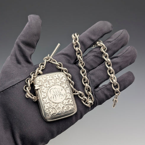 1900年頃 英国アンティーク 純銀製アルバートチェーン 80g 純銀製ヴェスタケース付