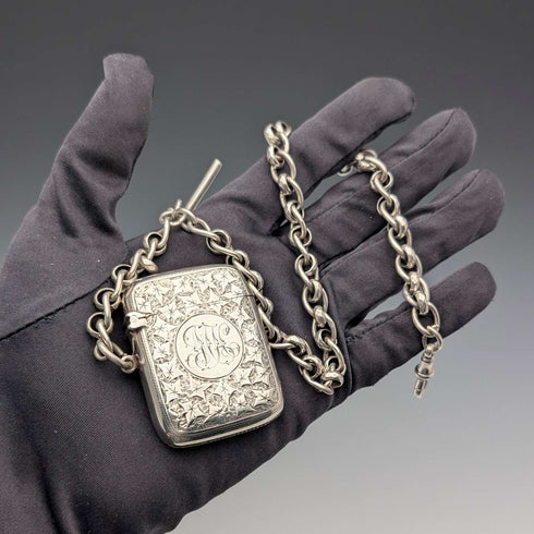 Circa 1900 British antique sterling silver Albert chain, 80g, with sterling silver Vesta case