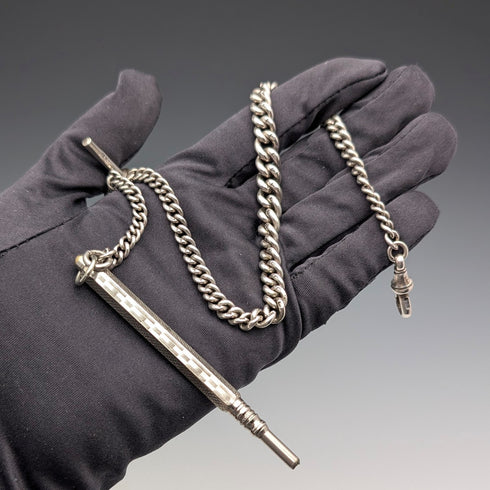 1900年頃 英国アンティーク 純銀製アルバートチェーン 38g 推進式ペンシル付き