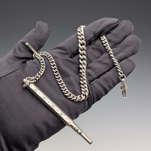 Circa 1900 British antique sterling silver Albert chain, 38g, with push-type pencil