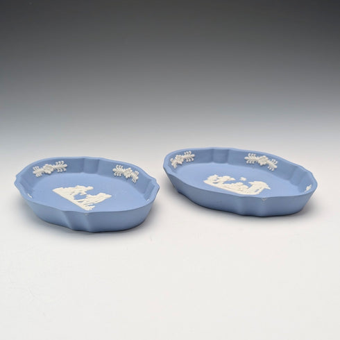 英国ヴィンテージ ウェッジウッド ジャスパーウェア製 ピンディッシュペア ペールブルー