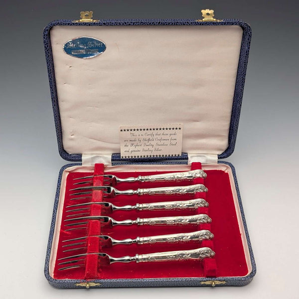 1973年 英国ヴィンテージ 純銀ハンドル デザートフォークx6 Harrison Brothers ケース入