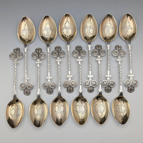 約 1850 年英國古董鍍銀甜點湯匙 x12 Jehoiada Alsop Rhodes 含盒