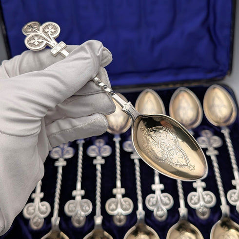 約 1850 年英國古董鍍銀甜點湯匙 x12 Jehoiada Alsop Rhodes 含盒