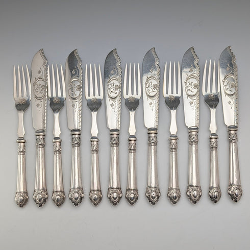 Circa 1906 British antique sterling silver handle cutlery set of 6 by John Biggin in wooden box