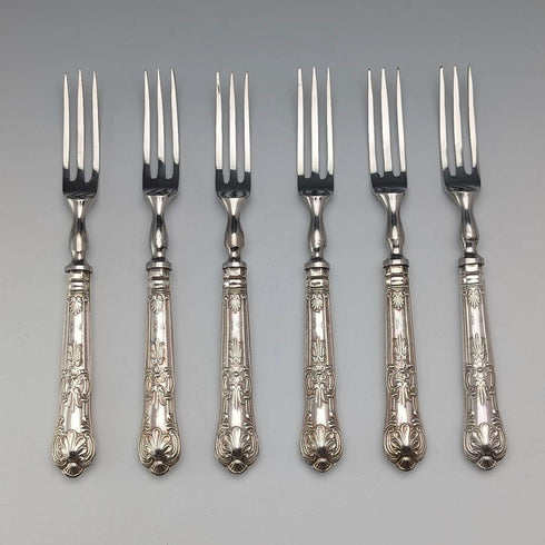 1973年 英国ヴィンテージ 純銀ハンドル デザートフォークx6 Harrison Brothers ケース入