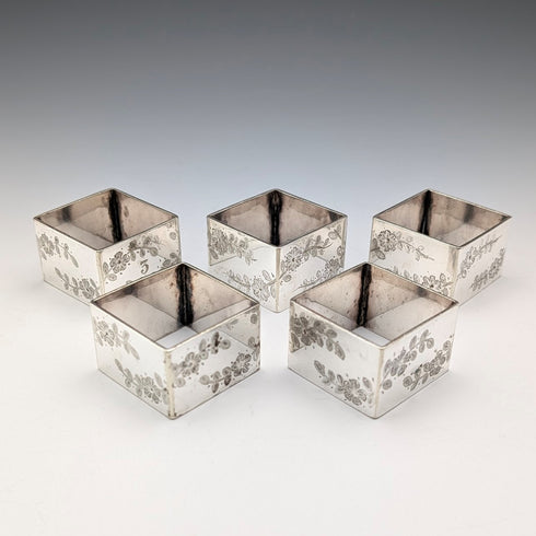 Circa 1900 British antique silver plate napkin rings, set of 5 in case