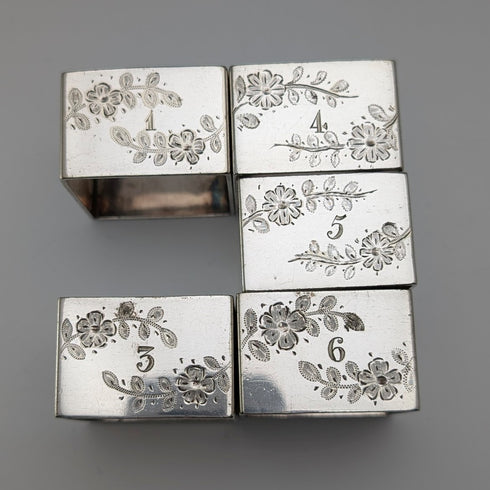 Circa 1900 British antique silver plate napkin rings, set of 5 in case