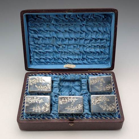 Circa 1900 British antique silver plate napkin rings, set of 5 in case