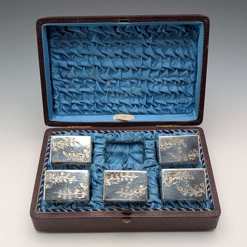 Circa 1900 British antique silver plate napkin rings, set of 5 in case