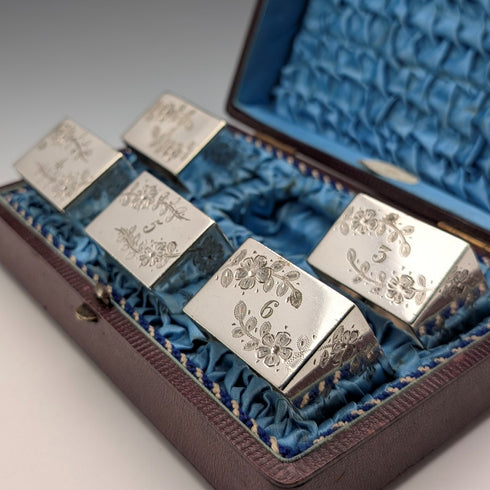 Circa 1900 British antique silver plate napkin rings, set of 5 in case