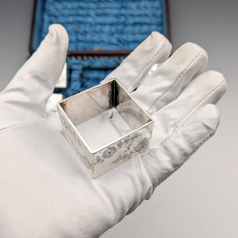 Circa 1900 British antique silver plate napkin rings, set of 5 in case