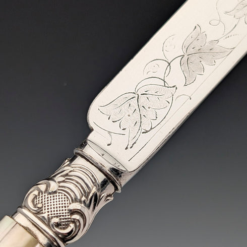 Circa 1875 British antique white mother-of-pearl handle dessert cutlery, 6 pairs, in wooden box