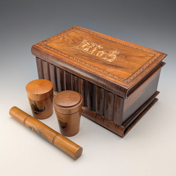 Antique British book-shaped wooden box and set of 3 mauclin items