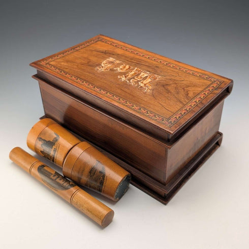 Antique British book-shaped wooden box and set of 3 mauclin items