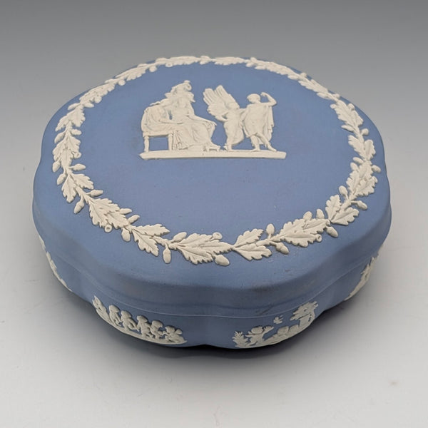 Vintage British Wedgwood Jasperware Round Box for Small Items, Pale Blue