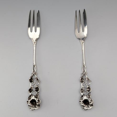 German vintage 835 silver dessert fork pair with rose engraving by August Betz