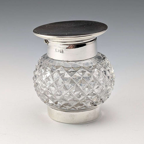 1905 British antique pure silver lid and cut glass inkwell Colen Hewer Cheshire