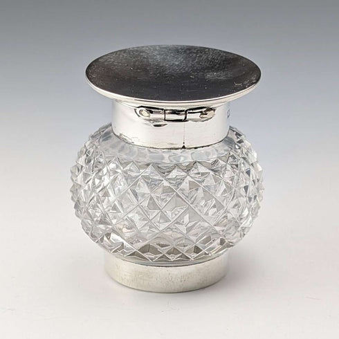 1905 British antique pure silver lid and cut glass inkwell Colen Hewer Cheshire