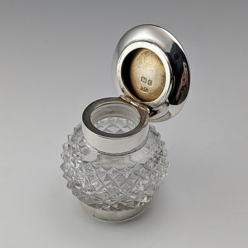 1905年 英国アンティーク 純銀蓋&カットガラス製 インク壺 Colen Hewer Cheshire