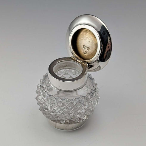 1905 British antique pure silver lid and cut glass inkwell Colen Hewer Cheshire