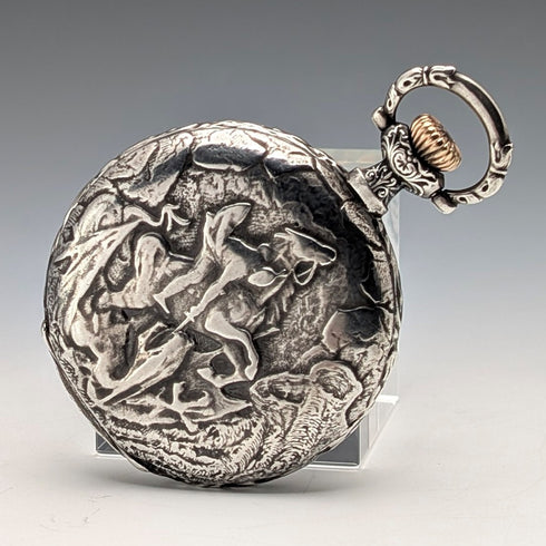 1902年頃 アンティーク ロンジン 懐中時計 戦士&船彫刻 銀側ハンターケース 動作良好