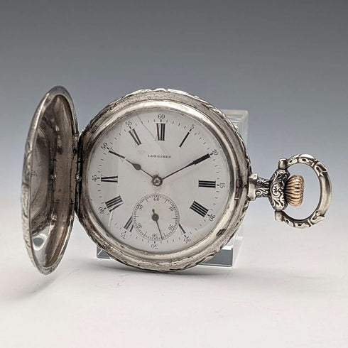 Circa 1902 Antique Longines Pocket Watch with Warrior & Ship Engravings, Silver Side Hunter Case, Good Working Condition